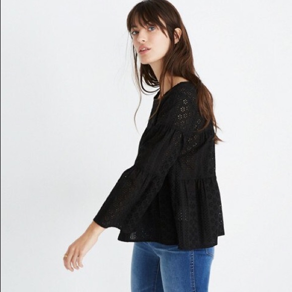 MADEWELL Eyelet Tiered Button Up Back Top M Blk - Picture 2 of 7